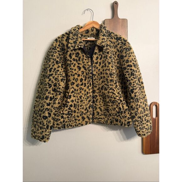 Madewell Tan Black Leopard Print Collared Full Zip Faux Fur Jacket Medium - Picture 1 of 6